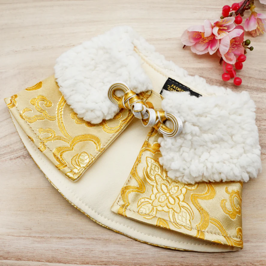 Spring Of Blessings in Harvest Gold CNY Cape with White Faux Fur Collar Spring Of Blessings in Harvest Gold CNY Cape with White Faux Fur Collar