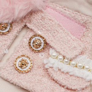 HARPER ~ Baby Peach Tweed Sequin Jacket with Faux Fur Collar