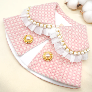 ROSETTE ~ Baby Pink Checkered Tweed with Lace Pearls Trim Collar