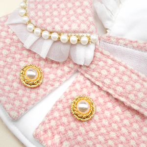 ROSETTE ~ Baby Pink Checkered Tweed with Lace Pearls Trim Collar