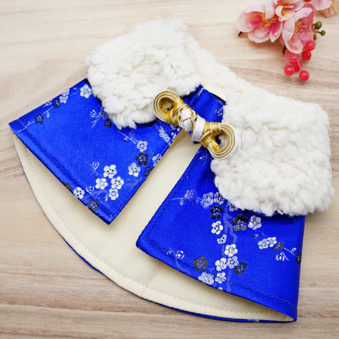 Spring Of Energy in Electric Blue Blossoms CNY Cape with Faux Fur Collar Spring Of Energy in Electric Blue Blossoms CNY Cape with Faux Fur Collar