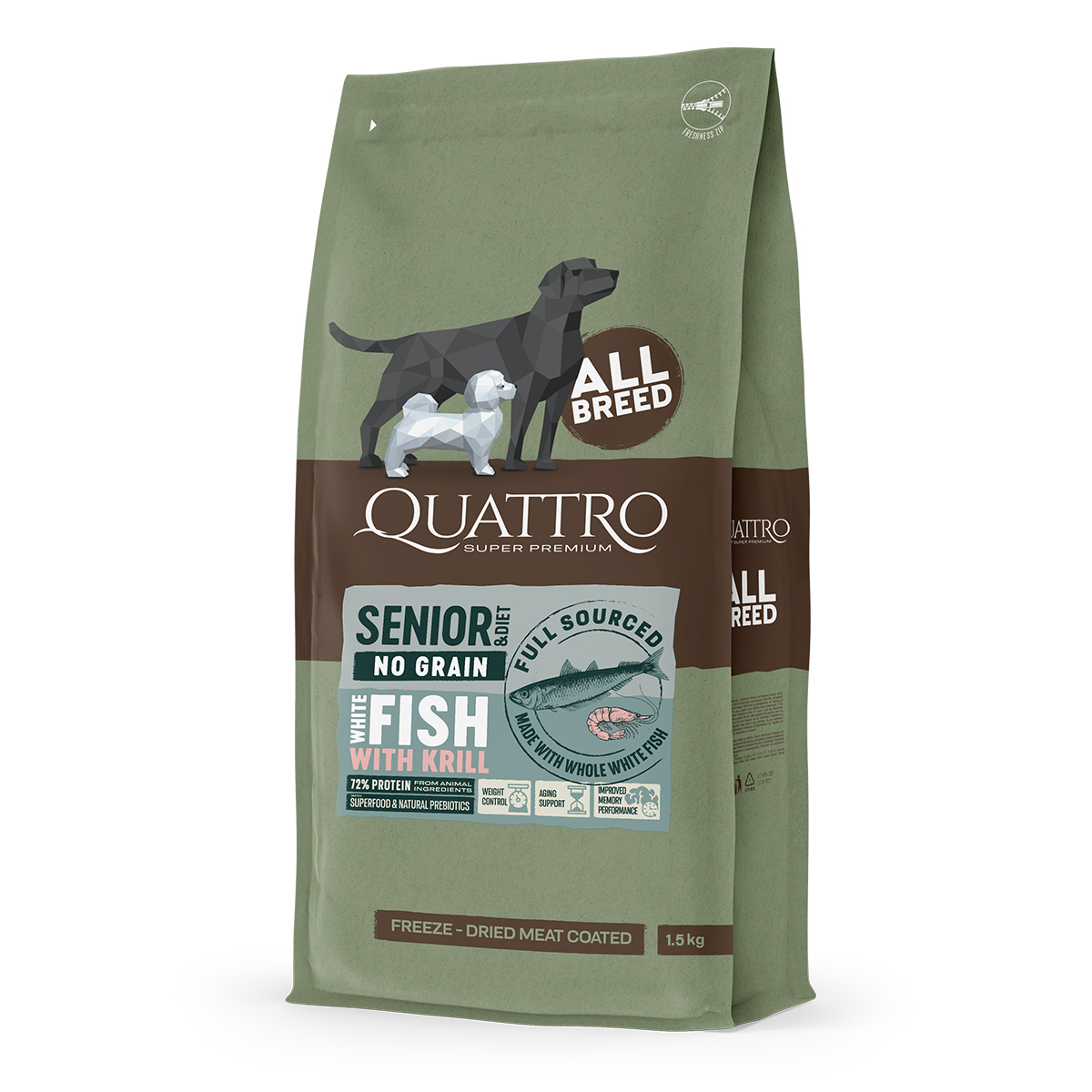 QUATTRO-Dogs-1.5kg-AllBreed-WhiteFishWithKrill Quattro Senior & Diet All Breed No Grain Dry Dog Food - Whitefish & Krill 1.5kg - Image 1